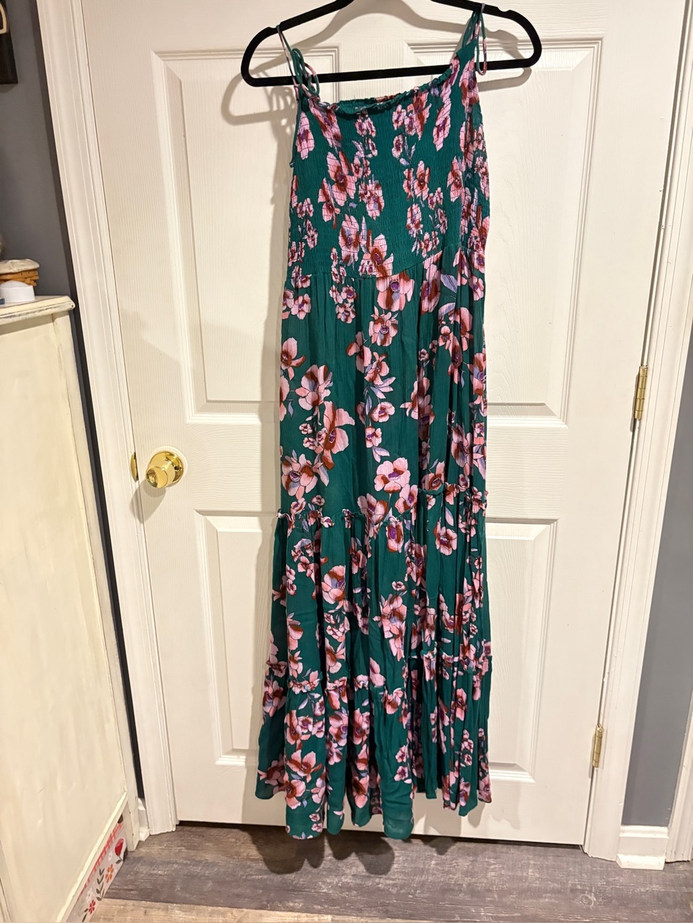 Free People Teal Maxi Skirt with Pink Floral Print